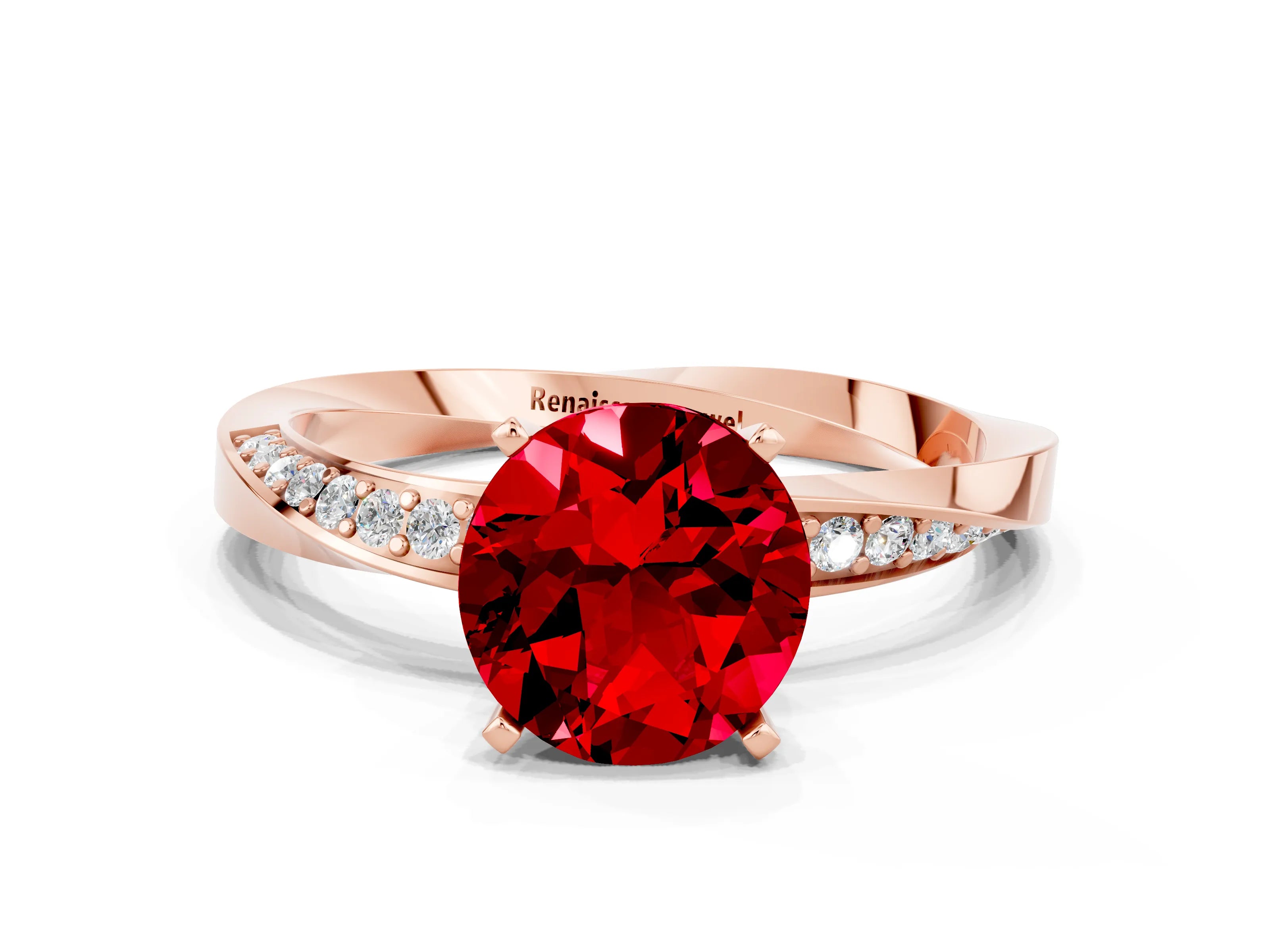 Rose gold Round Cut Ruby Engagement Ring with Side Stone Accents and Four-Prong Setting_27