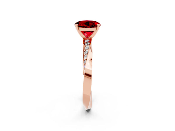 Rose gold Round Cut Ruby Engagement Ring with Side Stone Accents and Four-Prong Setting