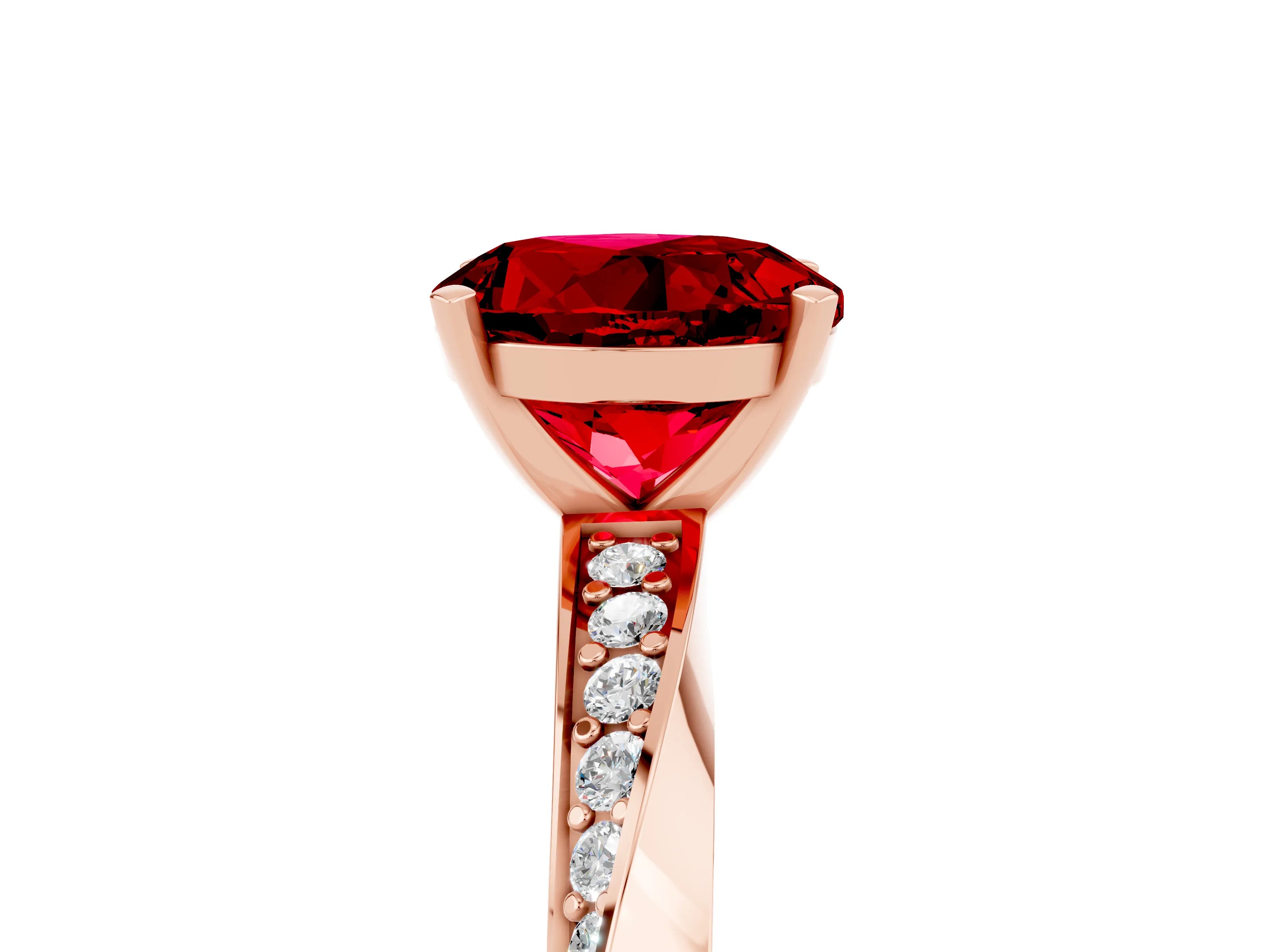 Rose gold Round Cut Ruby Engagement Ring with Side Stone Accents and Four-Prong Setting_32