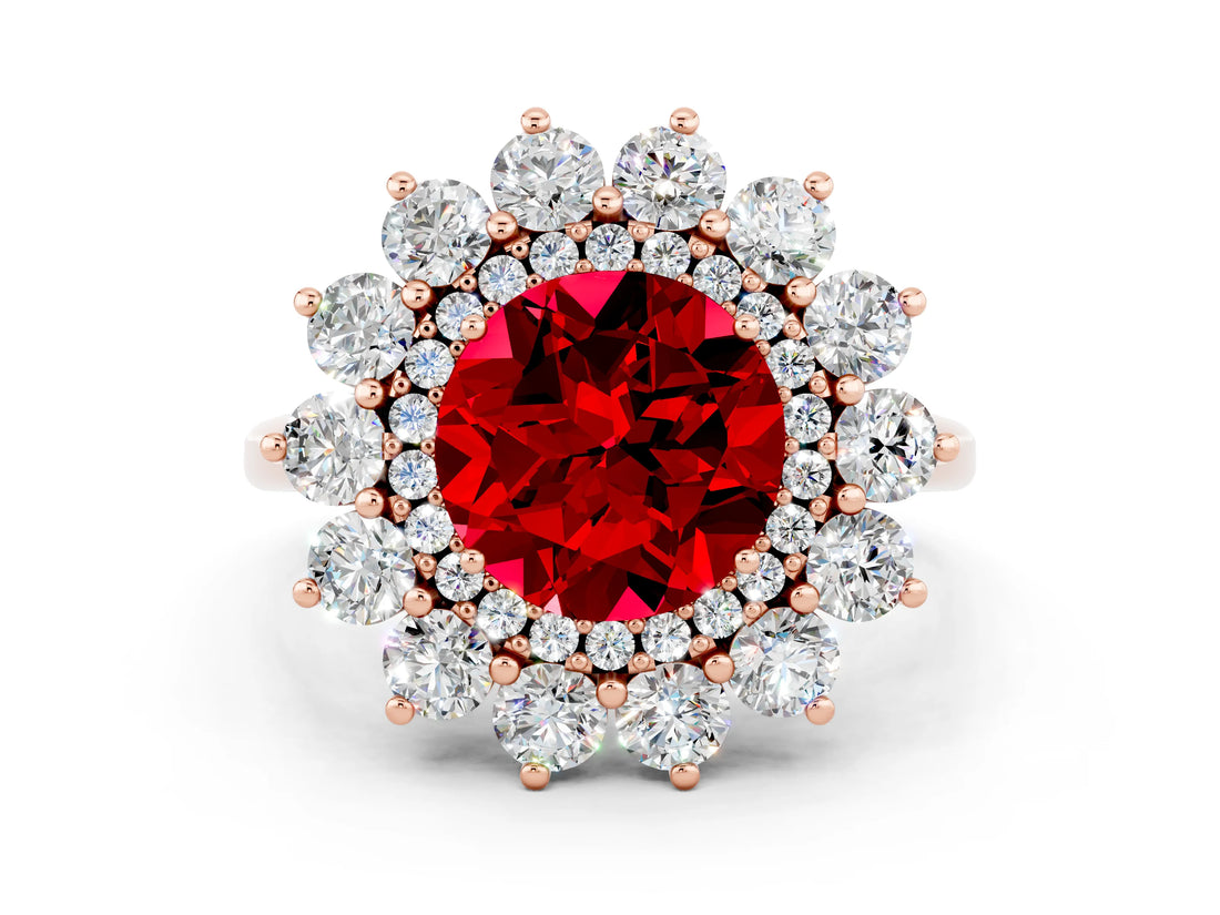 Rose gold Round Cut Ruby Floral Double Halo Engagement Ring with Prong Setting_60