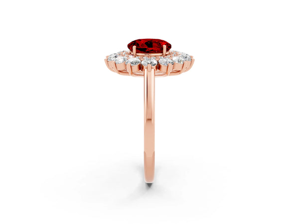 Rose Gold Round Lab-Grown Ruby Floral Double Halo Engagement Ring with Plain Band