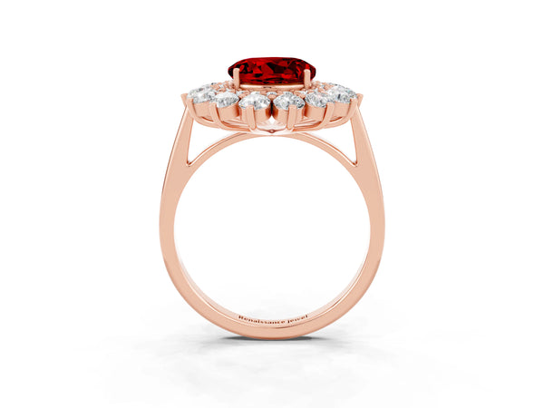 Rose Gold Round Lab-Grown Ruby Floral Double Halo Engagement Ring with Plain Band