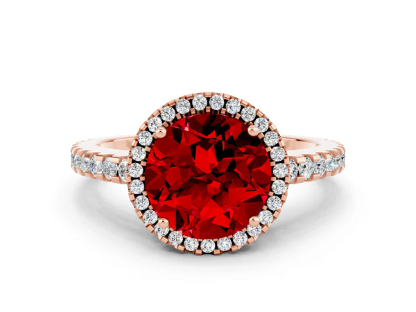 Rose gold Round Cut Ruby Halo Engagement Ring with Pavé Band and Prong Setting