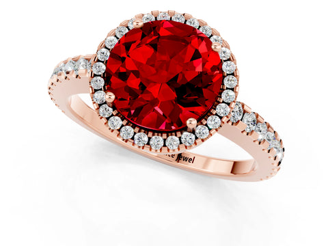Rose gold Round Cut Ruby Halo Engagement Ring with Pavé Band and Prong Setting_13