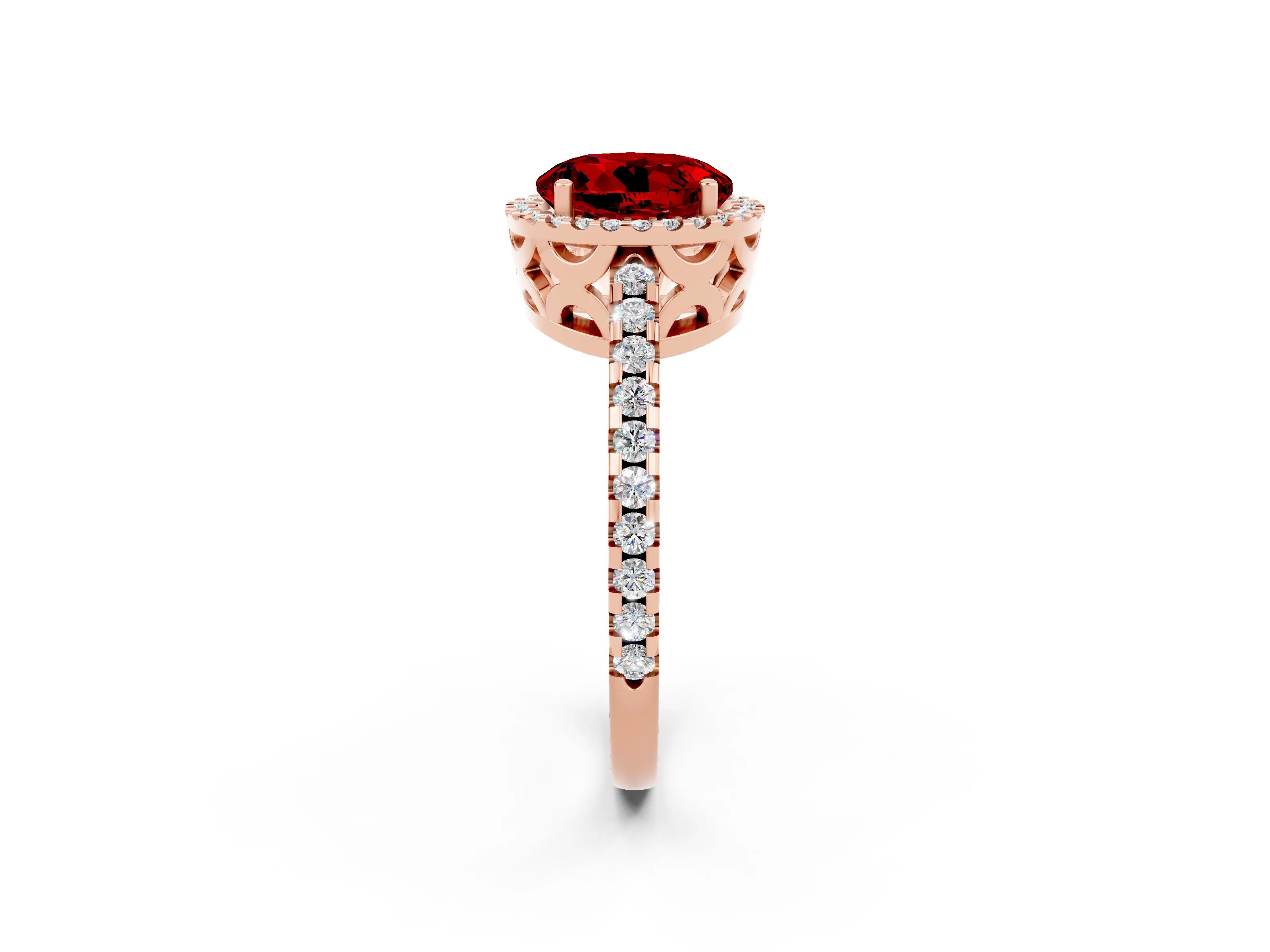 Rose gold Round Cut Ruby Halo Engagement Ring with Pavé Band and Prong Setting_14