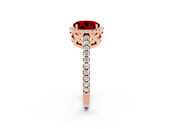 Rose gold Round Cut Ruby Halo Engagement Ring with Pavé Band and Prong Setting