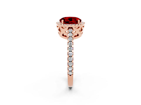 Rose gold Round Cut Ruby Halo Engagement Ring with Pavé Band and Prong Setting_14