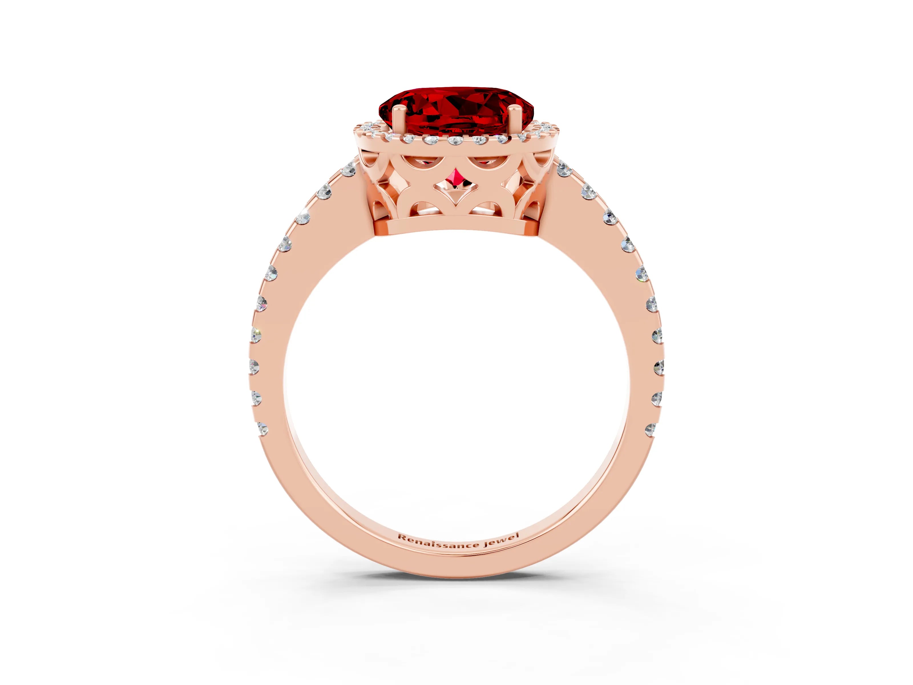 Rose gold Round Cut Ruby Halo Engagement Ring with Pavé Band and Prong Setting_15