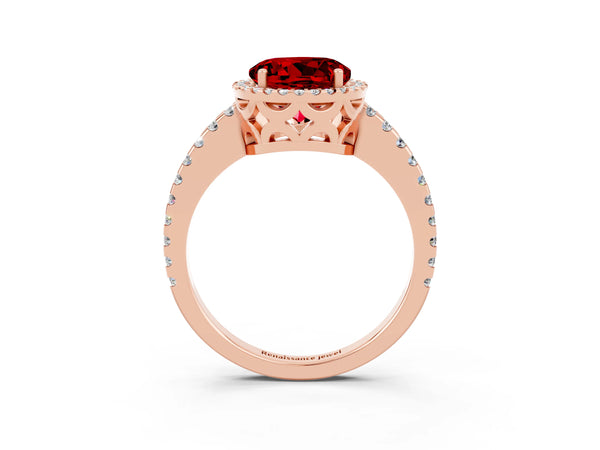 Rose gold Round Cut Ruby Halo Engagement Ring with Pavé Band and Prong Setting