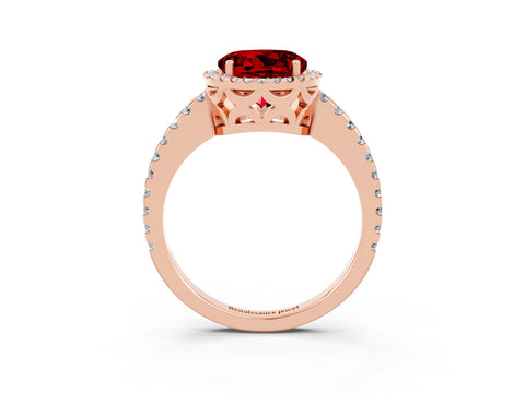 Rose gold Round Cut Ruby Halo Engagement Ring with Pavé Band and Prong Setting_15