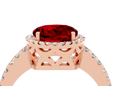 Rose gold Round Cut Ruby Halo Engagement Ring with Pavé Band and Prong Setting_16