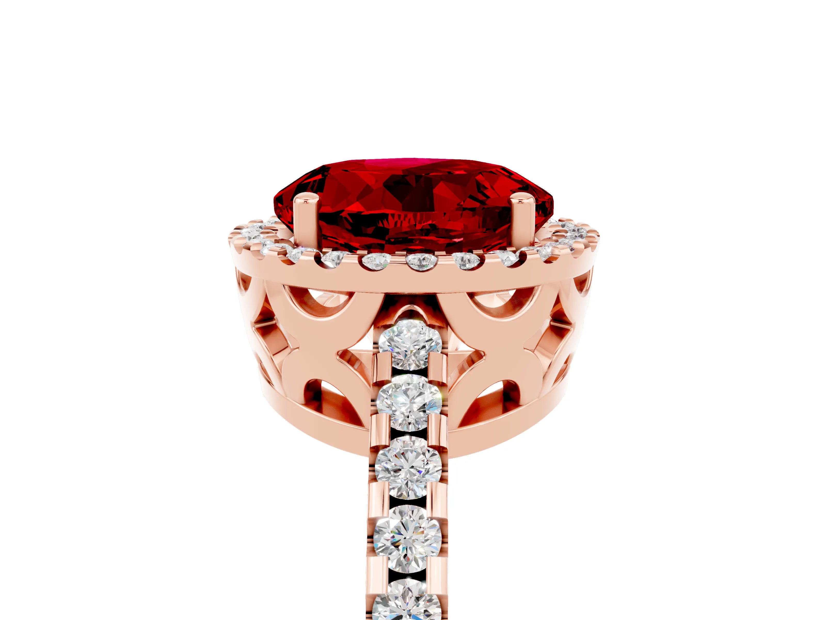 Rose gold Round Cut Ruby Halo Engagement Ring with Pavé Band and Prong Setting_17