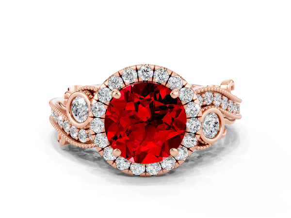 Rose gold Round Cut Ruby Halo Ring with Milgrain Pavé Band and Four-Prong Setting
