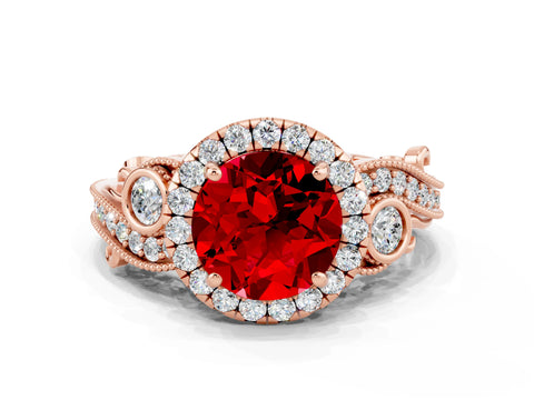 Rose gold Round Cut Ruby Halo Ring with Milgrain Pavé Band and Four-Prong Setting_12