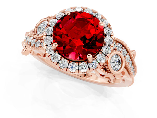 Rose gold Round Cut Ruby Halo Ring with Milgrain Pavé Band and Four-Prong Setting