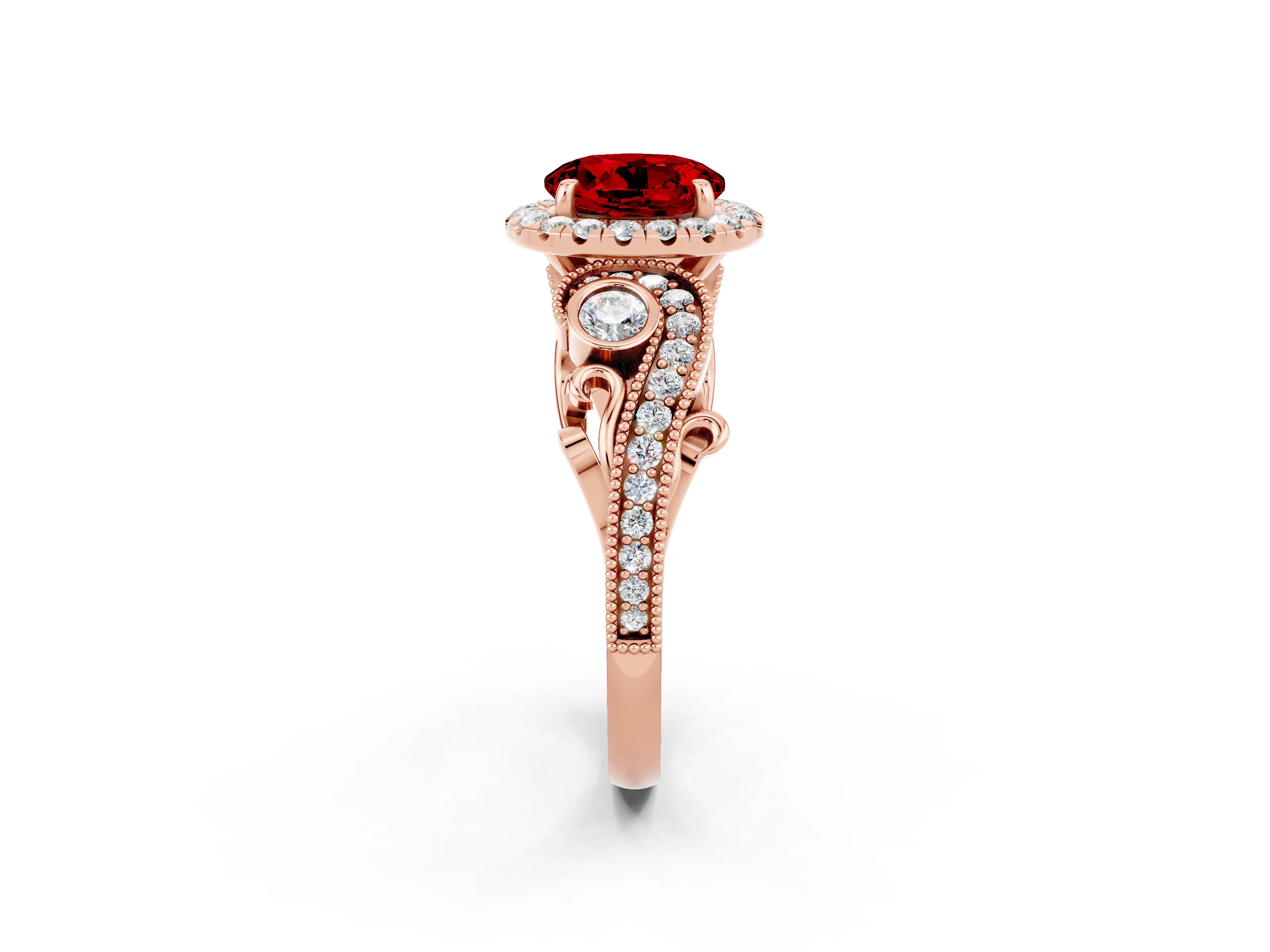 Rose gold Round Cut Ruby Halo Ring with Milgrain Pavé Band and Four-Prong Setting_14