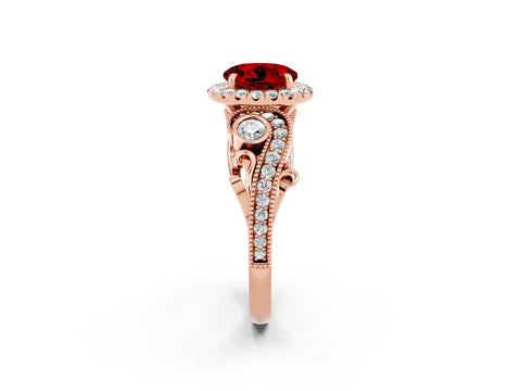 Rose gold Round Cut Ruby Halo Ring with Milgrain Pavé Band and Four-Prong Setting_14