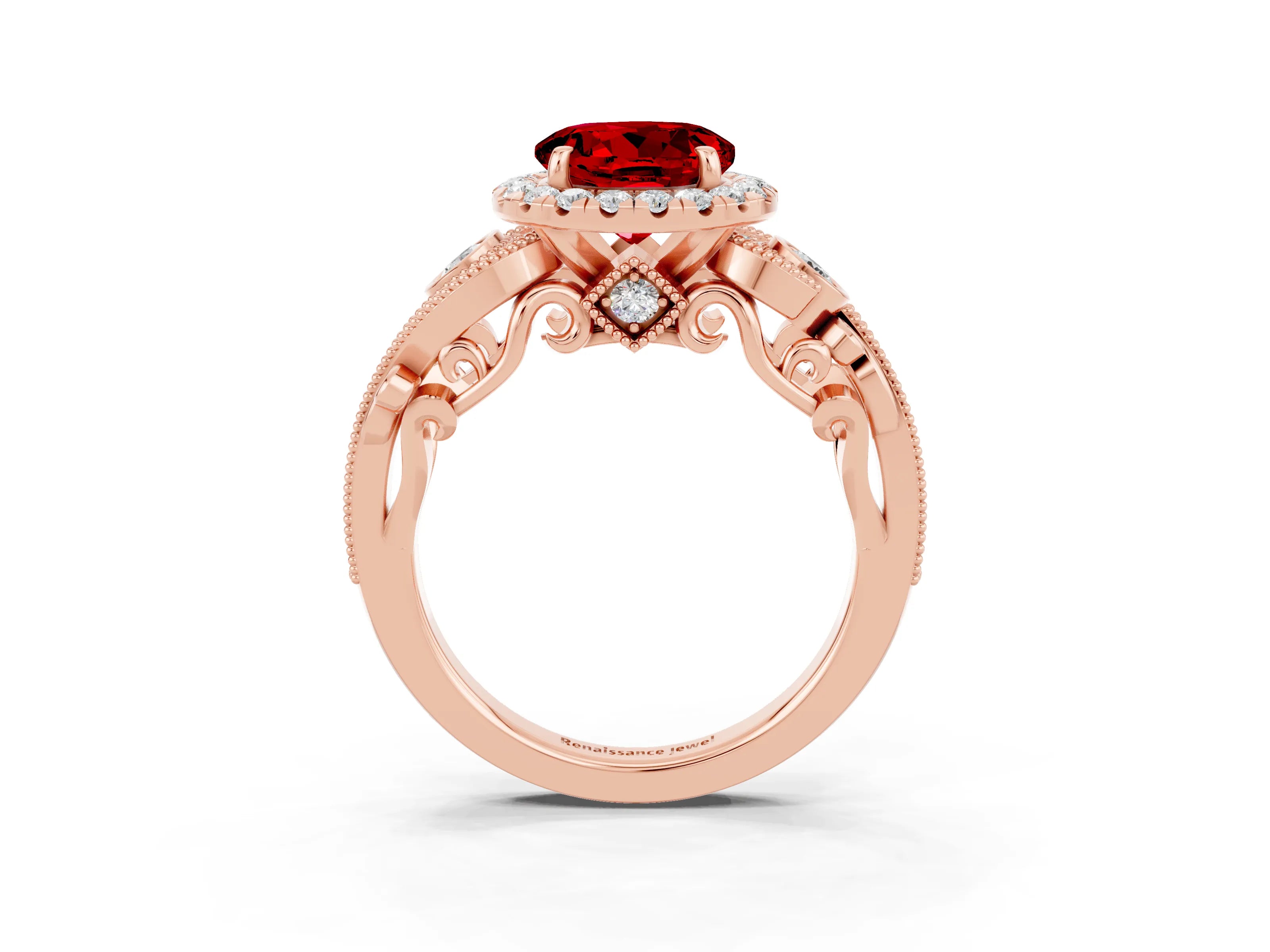 Rose gold Round Cut Ruby Halo Ring with Milgrain Pavé Band and Four-Prong Setting_15