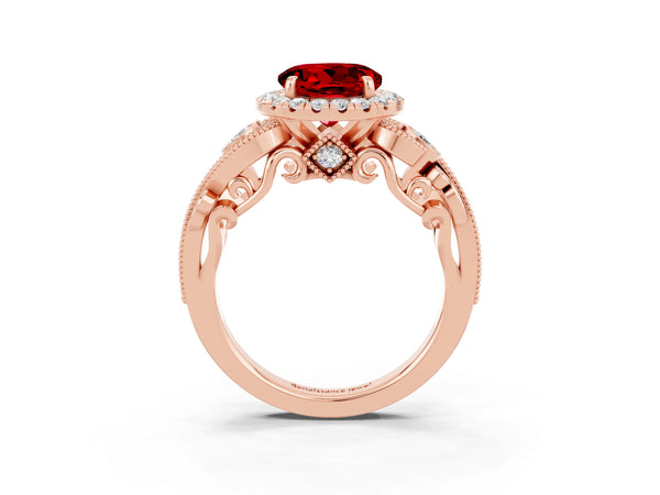 Rose gold Round Cut Ruby Halo Ring with Milgrain Pavé Band and Four-Prong Setting