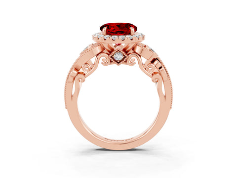 Rose gold Round Cut Ruby Halo Ring with Milgrain Pavé Band and Four-Prong Setting_15