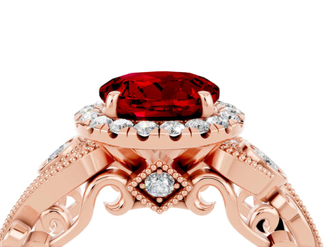 Rose gold Round Cut Ruby Halo Ring with Milgrain Pavé Band and Four-Prong Setting_16