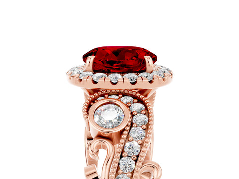Rose gold Round Cut Ruby Halo Ring with Milgrain Pavé Band and Four-Prong Setting_17