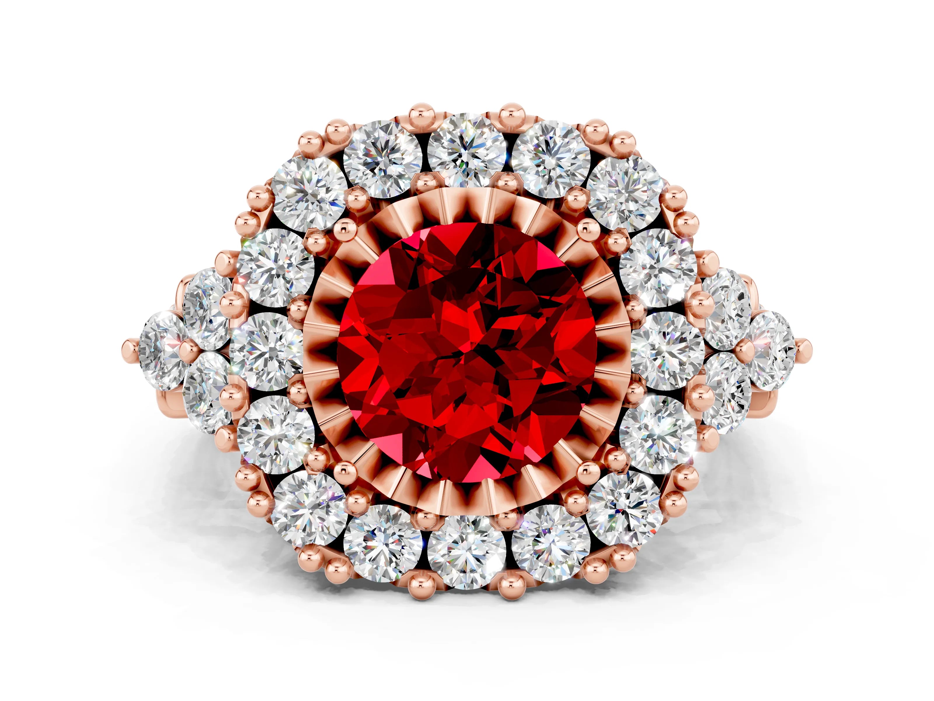 Rose gold Round Cut Ruby Halo Ring with Pavé Band and Four-Prong Setting_12