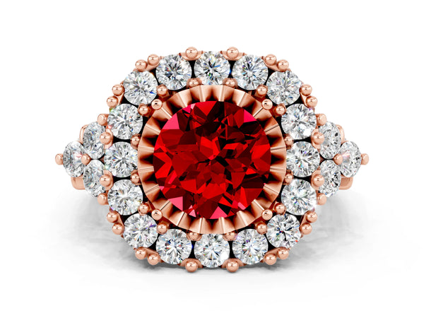 Rose gold Round Cut Ruby Halo Ring with Pavé Band and Four-Prong Setting
