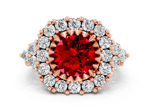 Rose gold Round Cut Ruby Halo Ring with Pavé Band and Four-Prong Setting_12