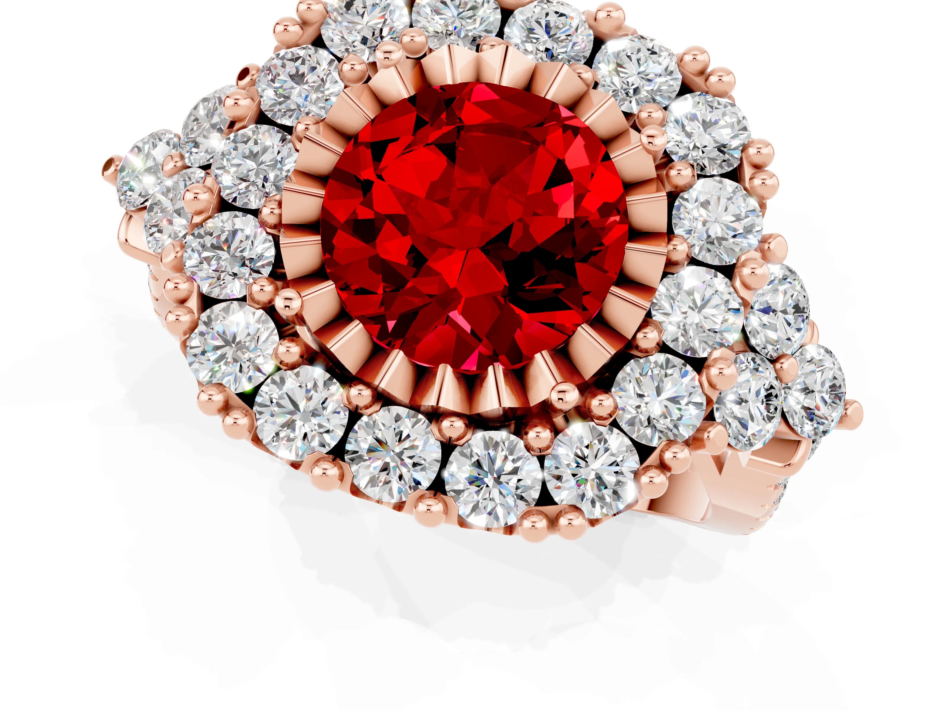 Rose gold Round Cut Ruby Halo Ring with Pavé Band and Four-Prong Setting_13