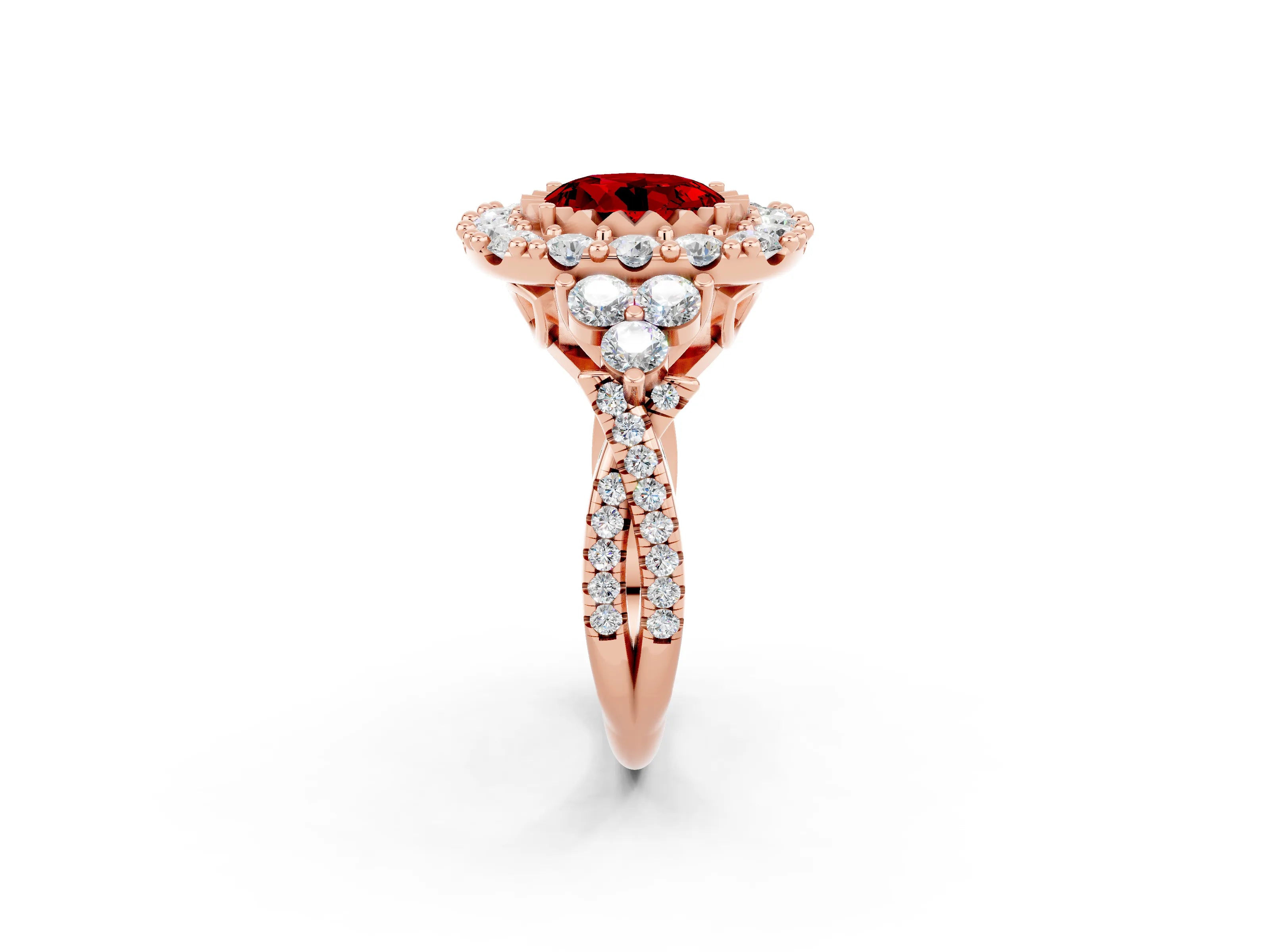 Rose gold Round Cut Ruby Halo Ring with Pavé Band and Four-Prong Setting_14