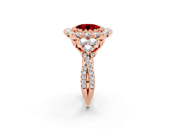 Rose gold Round Cut Ruby Halo Ring with Pavé Band and Four-Prong Setting