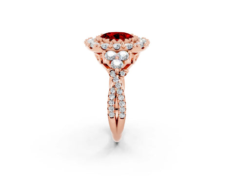 Rose gold Round Cut Ruby Halo Ring with Pavé Band and Four-Prong Setting_14