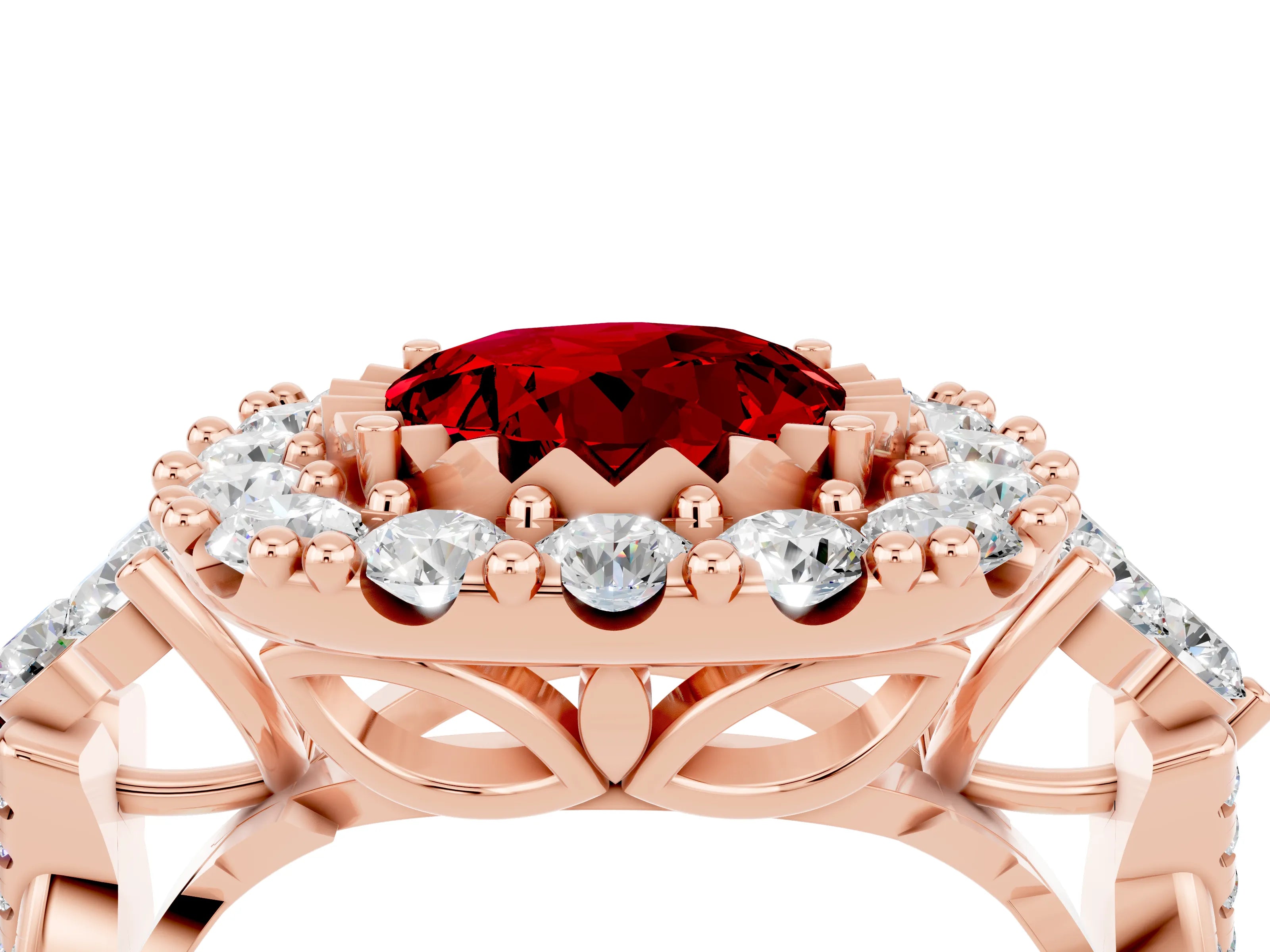 Rose gold Round Cut Ruby Halo Ring with Pavé Band and Four-Prong Setting_16
