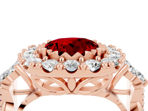 Rose gold Round Cut Ruby Halo Ring with Pavé Band and Four-Prong Setting_16