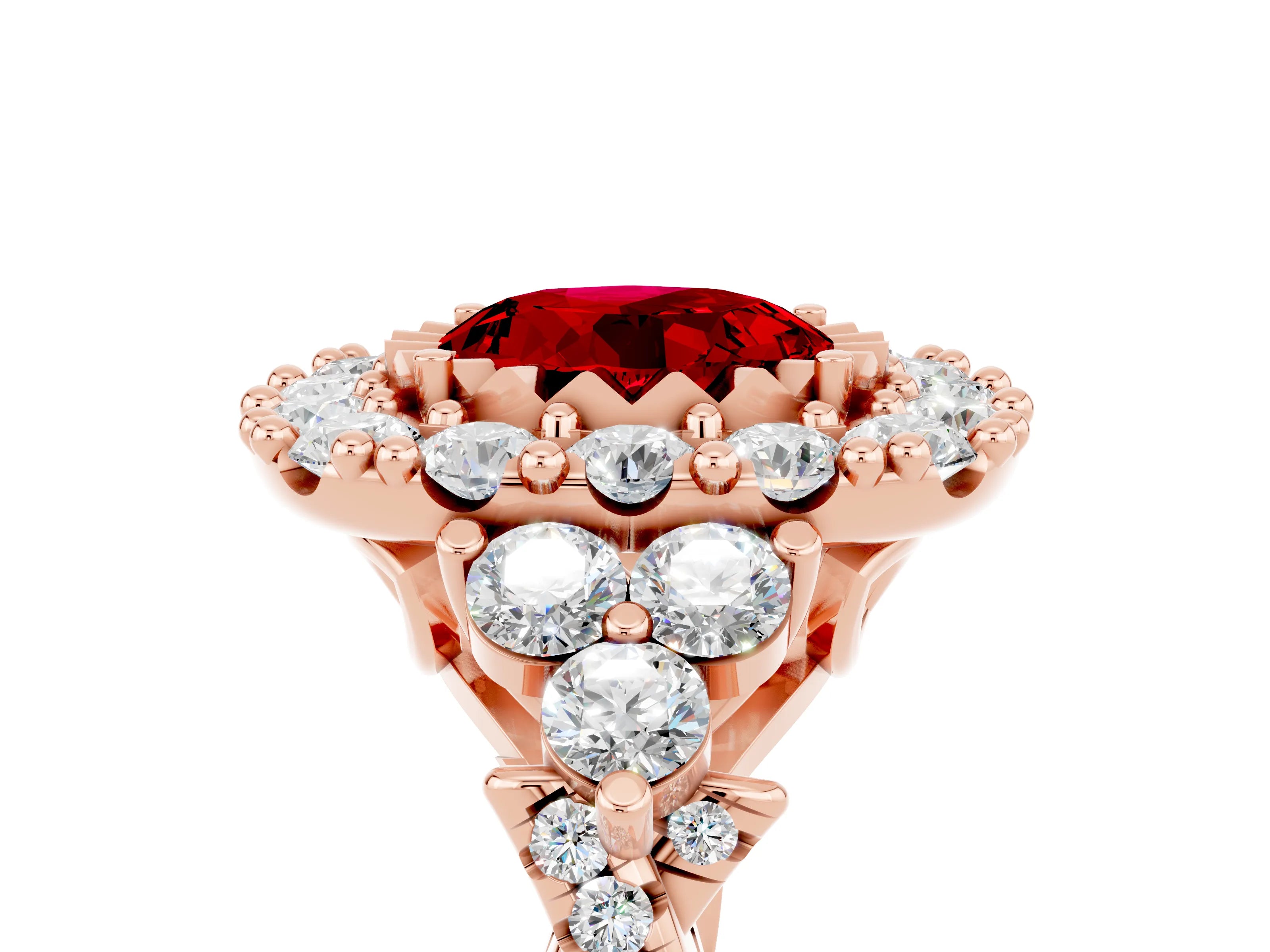 Rose gold Round Cut Ruby Halo Ring with Pavé Band and Four-Prong Setting_17