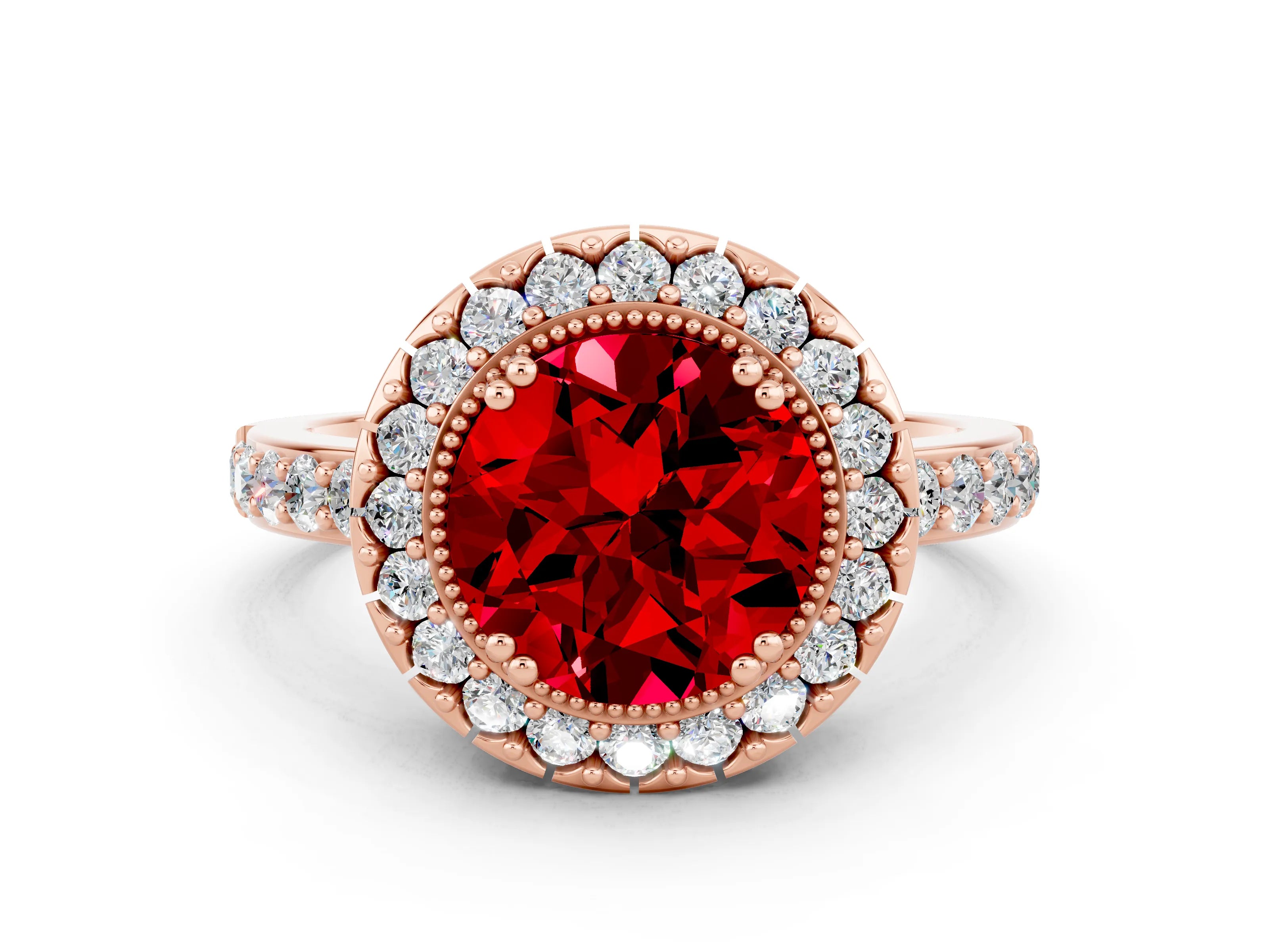 Rose gold Round Cut Ruby Halo Ring with Pavé Band and Prong Setting