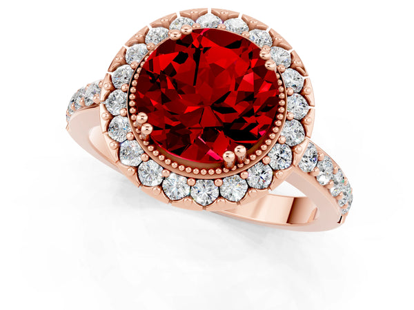 Rose gold Round Cut Ruby Halo Ring with Pavé Band and Prong Setting