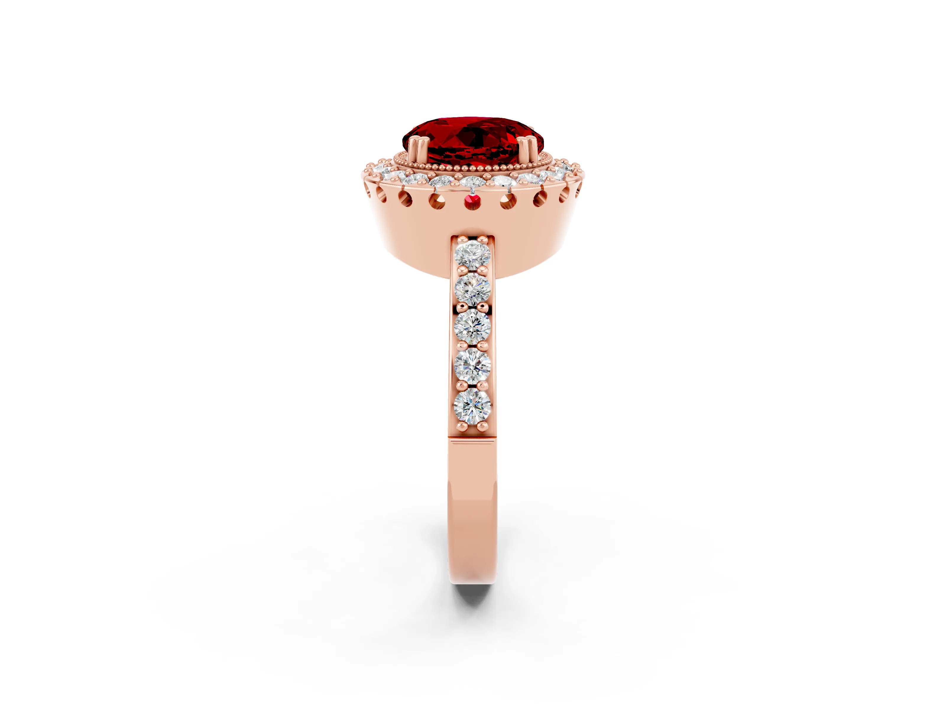 Rose gold Round Cut Ruby Halo Ring with Pavé Band and Prong Setting_2