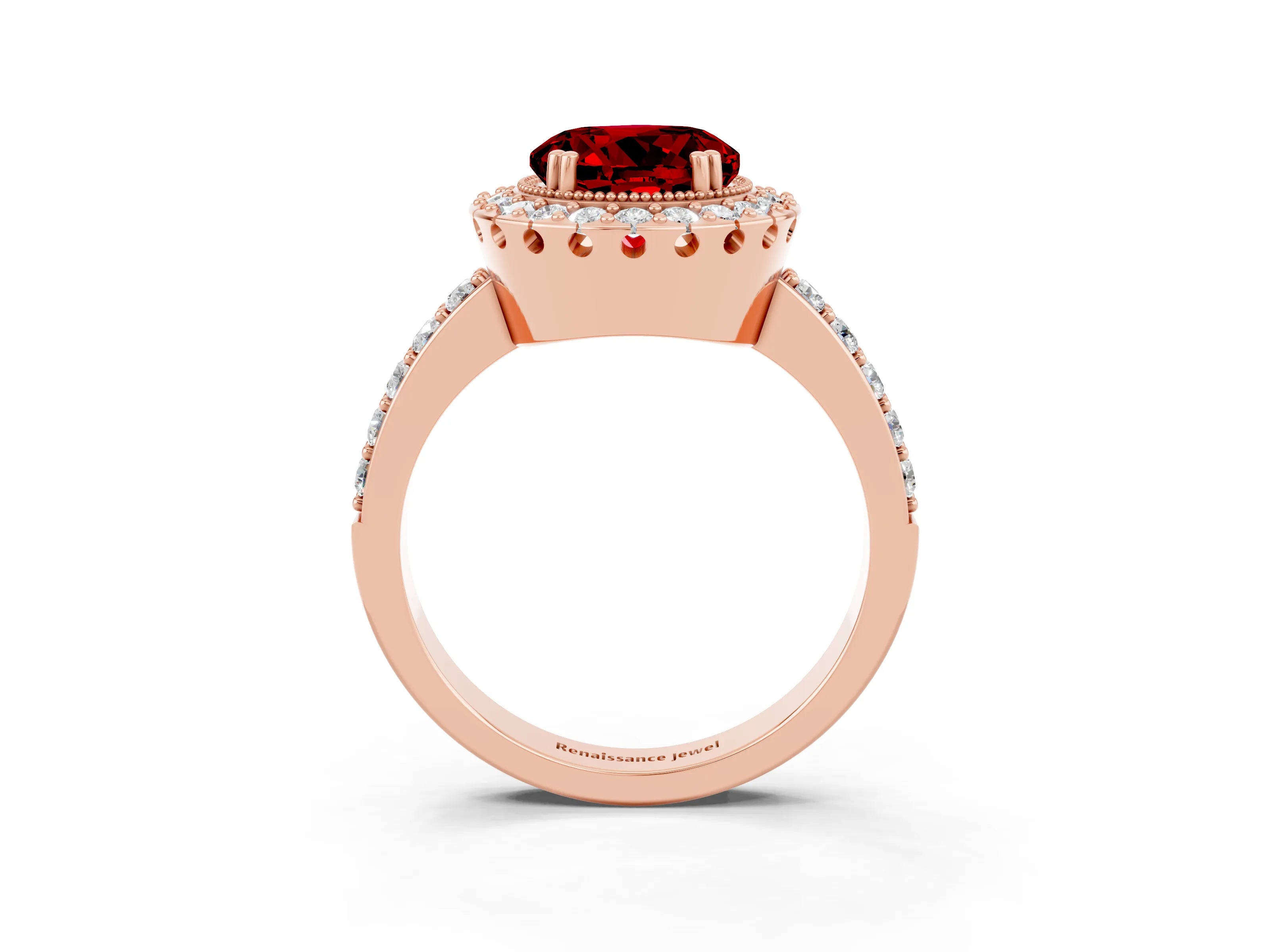 Rose gold Round Cut Ruby Halo Ring with Pavé Band and Prong Setting_3