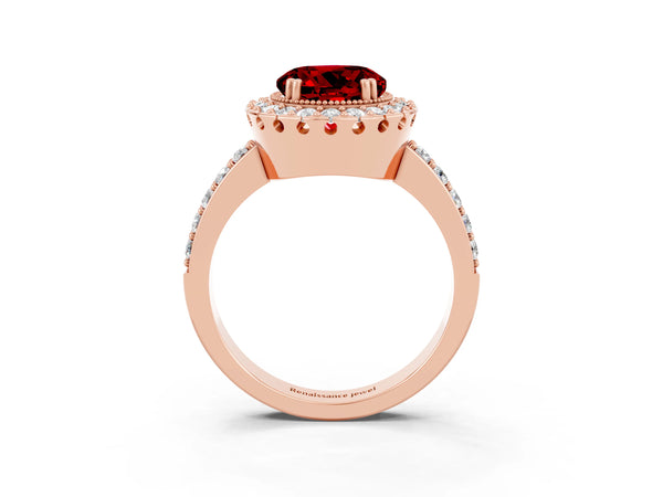 Rose gold Round Cut Ruby Halo Ring with Pavé Band and Prong Setting