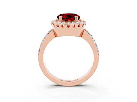 Rose gold Round Cut Ruby Halo Ring with Pavé Band and Prong Setting_3