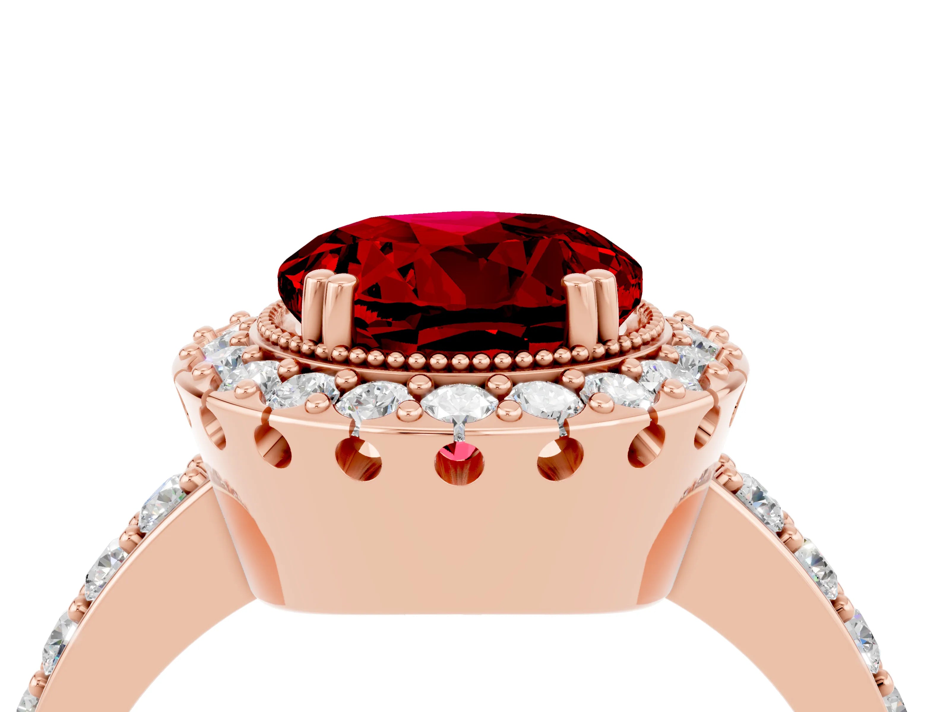 Rose gold Round Cut Ruby Halo Ring with Pavé Band and Prong Setting_4