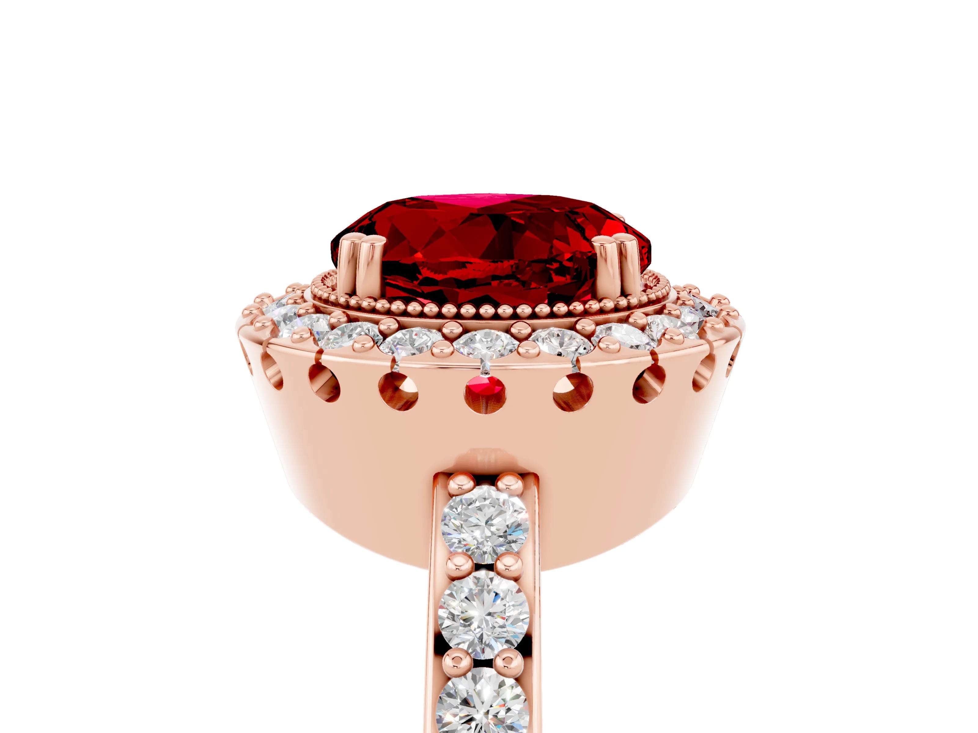 Rose gold Round Cut Ruby Halo Ring with Pavé Band and Prong Setting_5