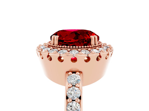 Rose gold Round Cut Ruby Halo Ring with Pavé Band and Prong Setting_5
