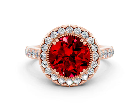 Rose gold Round Cut Ruby Halo Ring with Pavé Band and Prong Setting