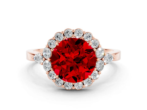 Rose gold Round Cut Ruby Halo Ring with Pear Side Stones and Prong Setting_12