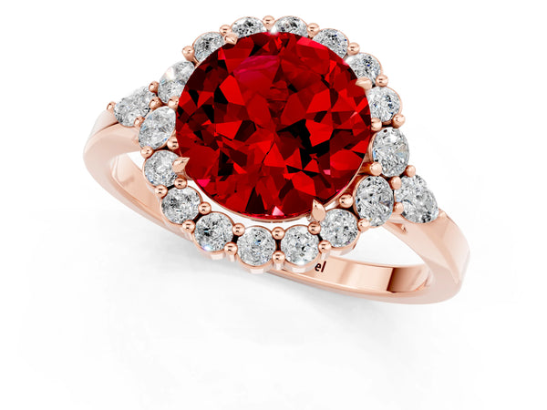Rose gold Round Cut Ruby Halo Ring with Pear Side Stones and Prong Setting