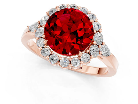 Rose gold Round Cut Ruby Halo Ring with Pear Side Stones and Prong Setting_13