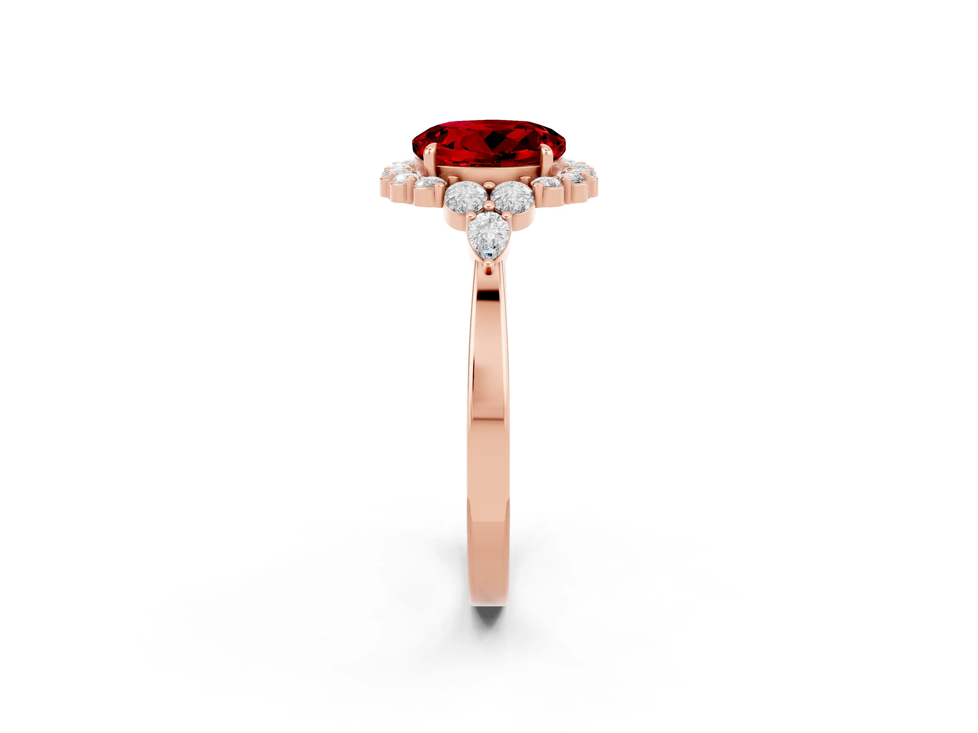 Rose gold Round Cut Ruby Halo Ring with Pear Side Stones and Prong Setting_14